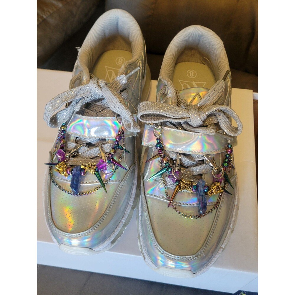 Yru aire silver platforms holographic alien shoe chains rainbow metal spike 8